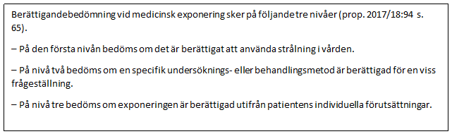 Illustration av tre nivåer för berättigandebedömning vid medicinsk strålningsexponering enligt proposition 2017/18:94.